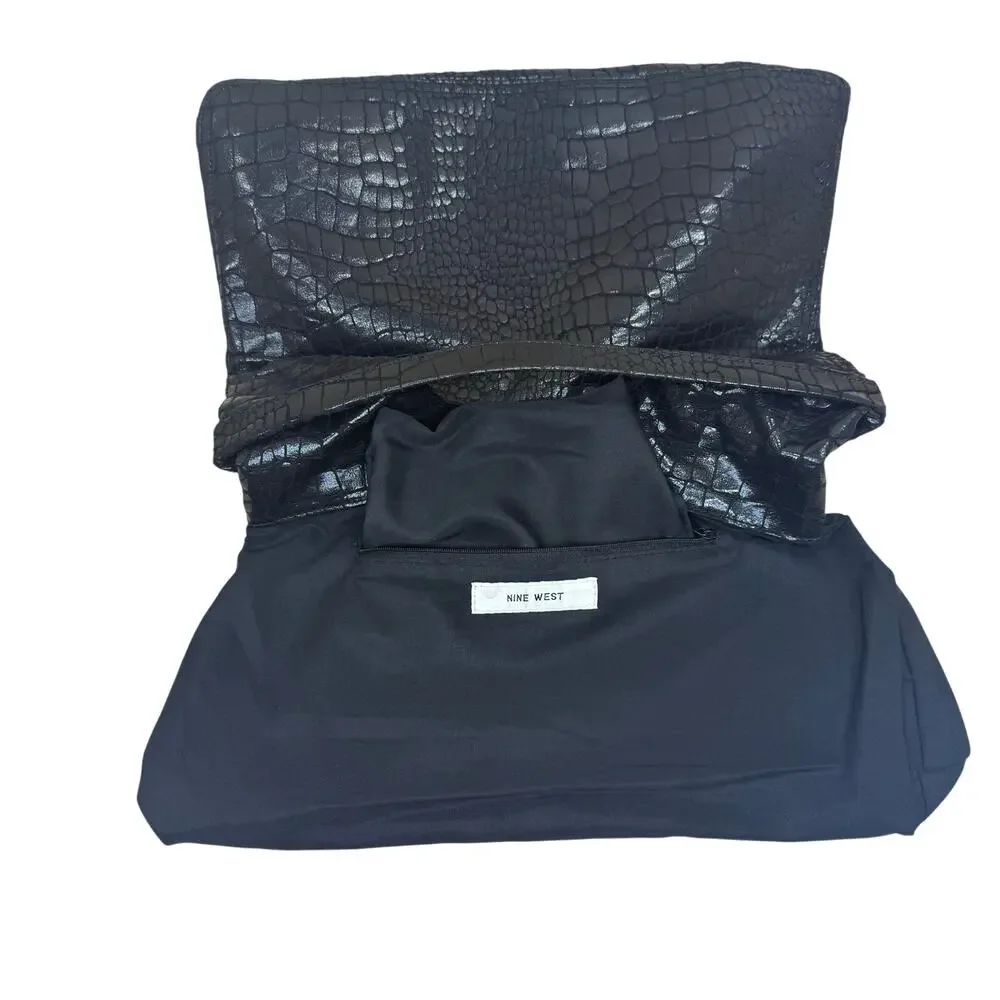 Nine West Clutch Women’s Black Faux Crocodile Cutout Handle Evening Purse